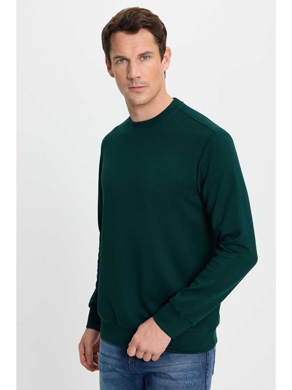 Erkek Standart Fit Normal Kesim Uzun Kollu Ekstra Soft Modal Kumaş Bisiklet Yaka Yeşil Sweatshirt-5