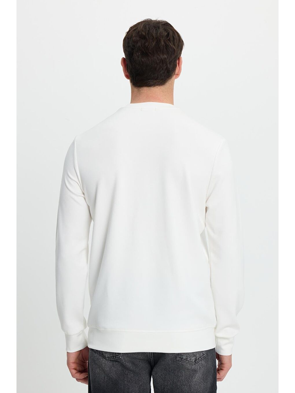 Erkek Standart Fit Normal Kesim Uzun Kollu Ekstra Soft Modal Kumaş Bisiklet Yaka Ekru Sweatshirt-6
