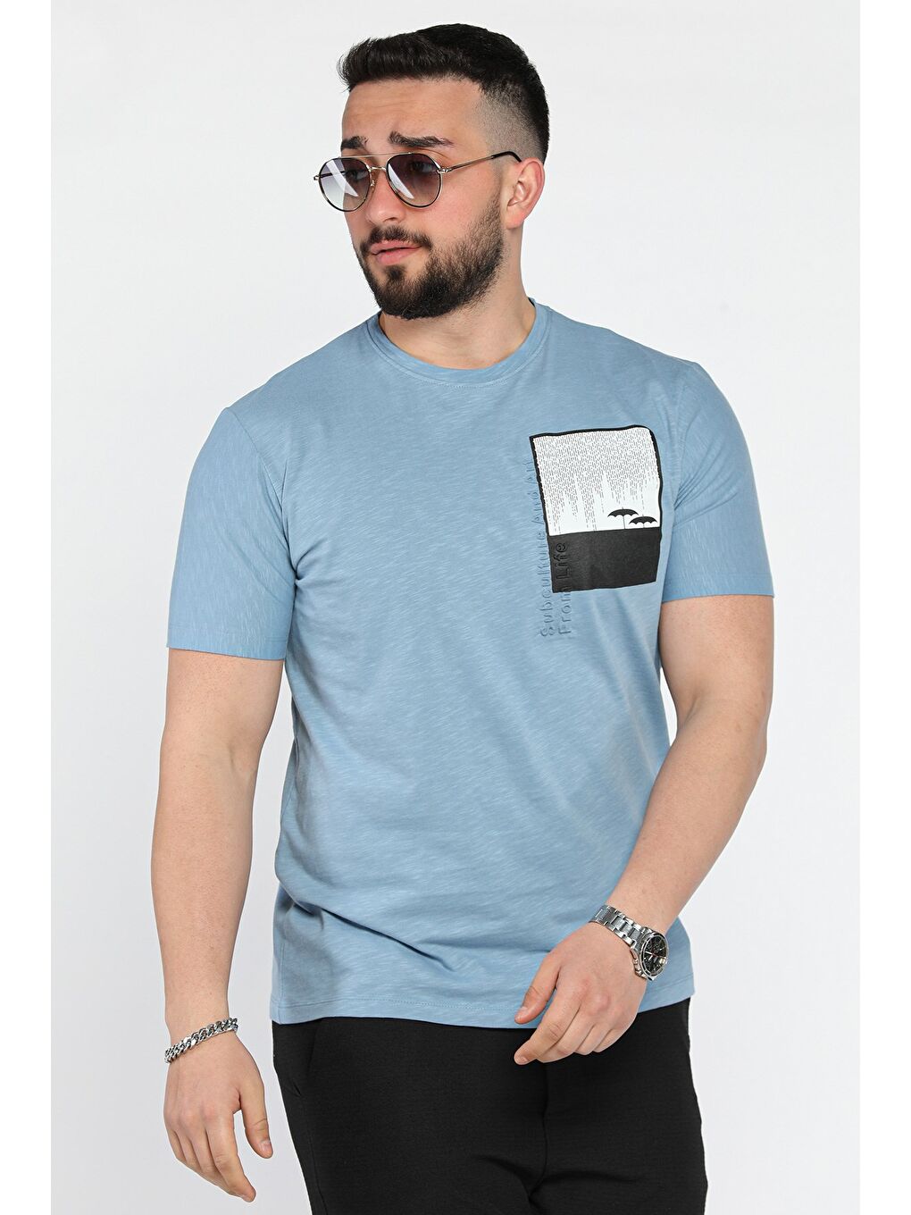 Mavi Baskılı Bisiklet Yaka Erkek Tişört-1