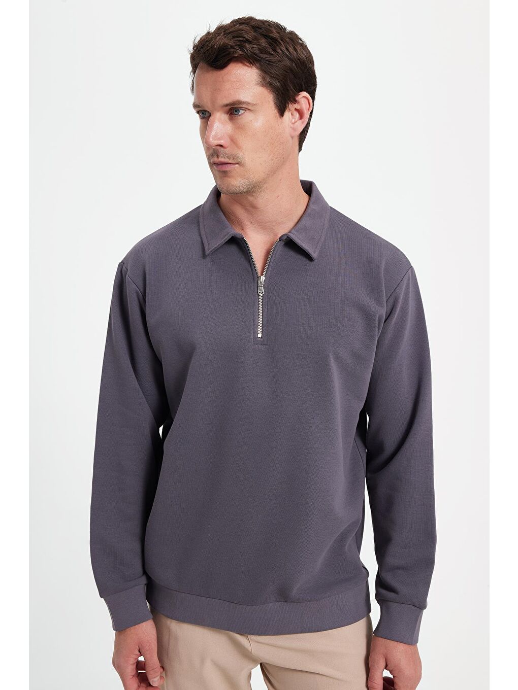 Erkek Relax Fit Rahat Kesim Pamuklu 3 İplik Fermuarlı Polo Yaka Koyu Gri Sweatshirt