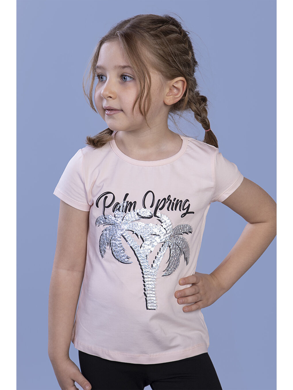 Pembe Kız Çocuk Pullu Palmiye Nakışlı Tişört