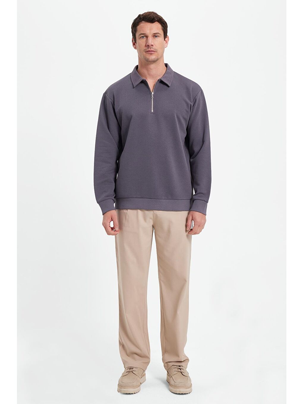 Erkek Relax Fit Rahat Kesim Pamuklu 3 İplik Fermuarlı Polo Yaka Koyu Gri Sweatshirt-2