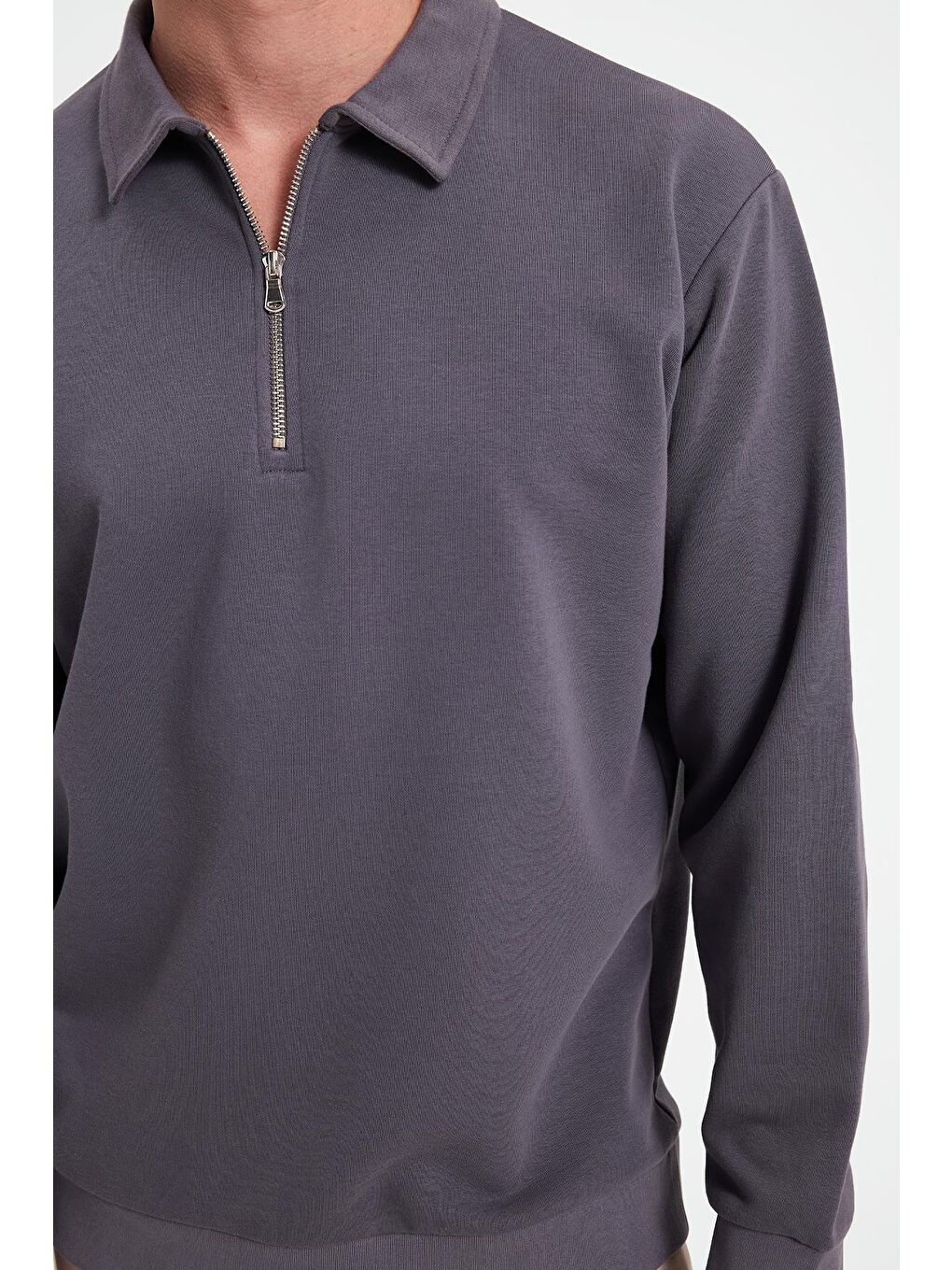 Erkek Relax Fit Rahat Kesim Pamuklu 3 İplik Fermuarlı Polo Yaka Koyu Gri Sweatshirt-3