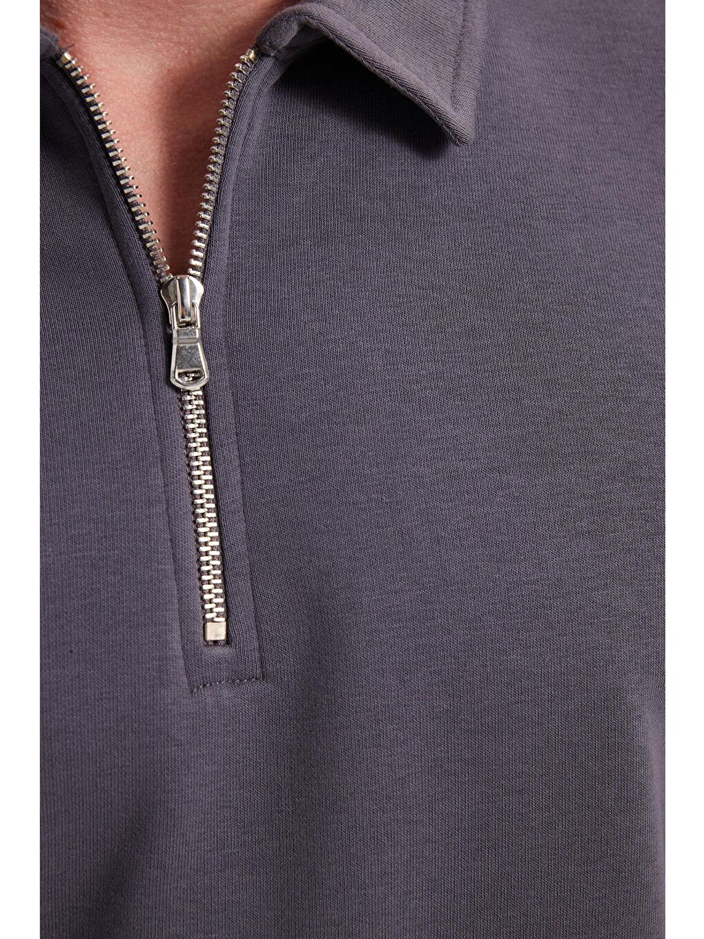 Erkek Relax Fit Rahat Kesim Pamuklu 3 İplik Fermuarlı Polo Yaka Koyu Gri Sweatshirt-4