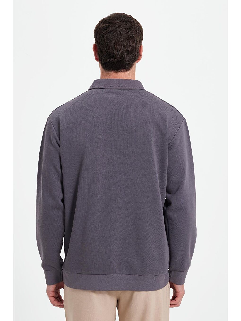 Erkek Relax Fit Rahat Kesim Pamuklu 3 İplik Fermuarlı Polo Yaka Koyu Gri Sweatshirt-5