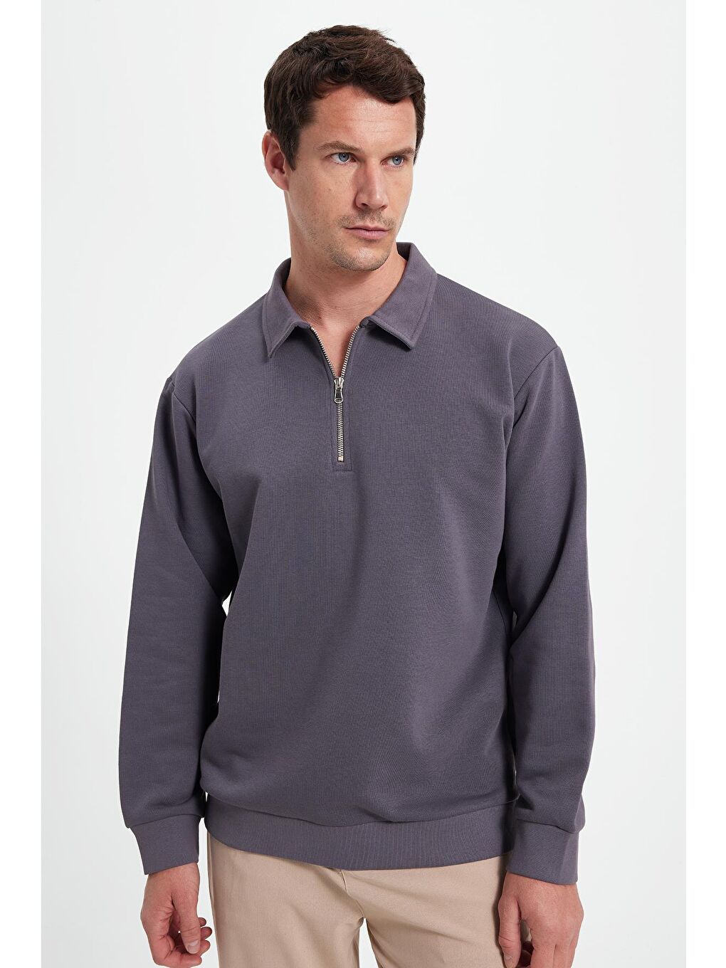 Erkek Relax Fit Rahat Kesim Pamuklu 3 İplik Fermuarlı Polo Yaka Koyu Gri Sweatshirt-6