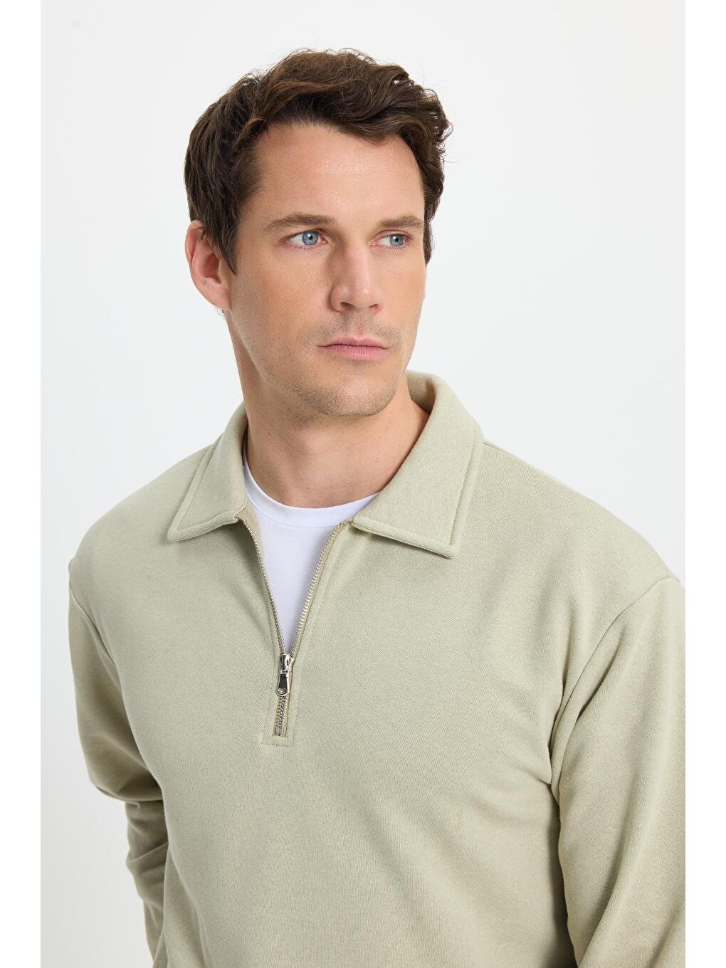 Erkek Relax Fit Rahat Kesim Pamuklu 3 Iplik Fermuarlı Polo Yaka Bej Sweatshirt-1