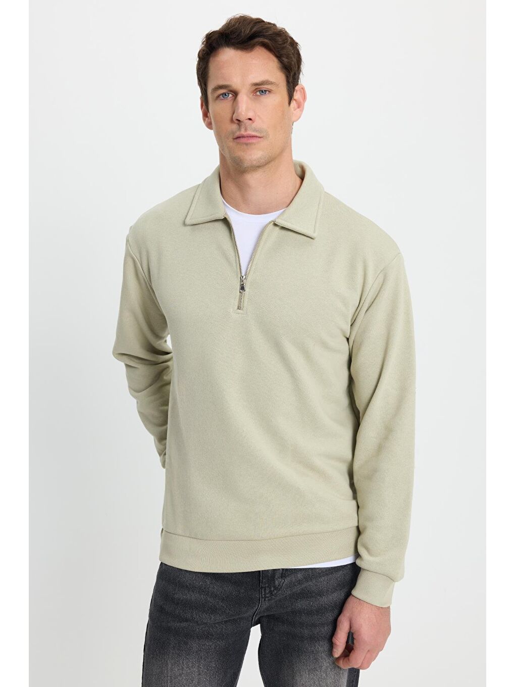 Erkek Relax Fit Rahat Kesim Pamuklu 3 Iplik Fermuarlı Polo Yaka Bej Sweatshirt-3