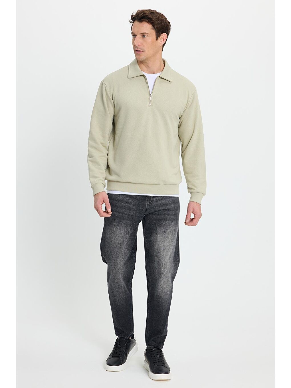 Erkek Relax Fit Rahat Kesim Pamuklu 3 Iplik Fermuarlı Polo Yaka Bej Sweatshirt-4