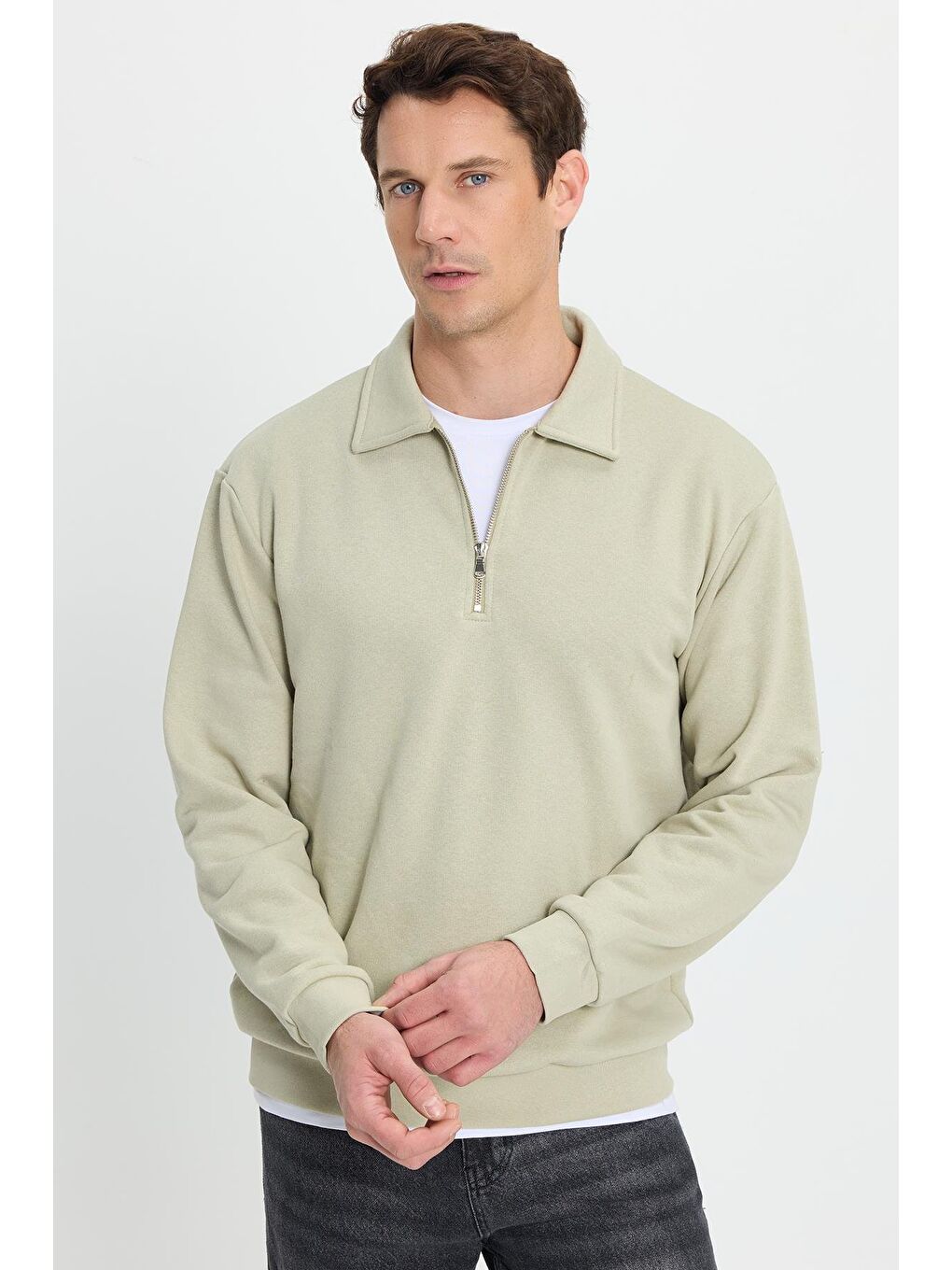 Erkek Relax Fit Rahat Kesim Pamuklu 3 Iplik Fermuarlı Polo Yaka Bej Sweatshirt-5