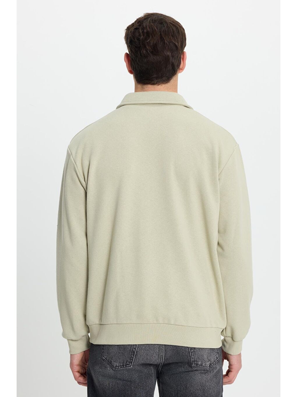 Erkek Relax Fit Rahat Kesim Pamuklu 3 Iplik Fermuarlı Polo Yaka Bej Sweatshirt-7