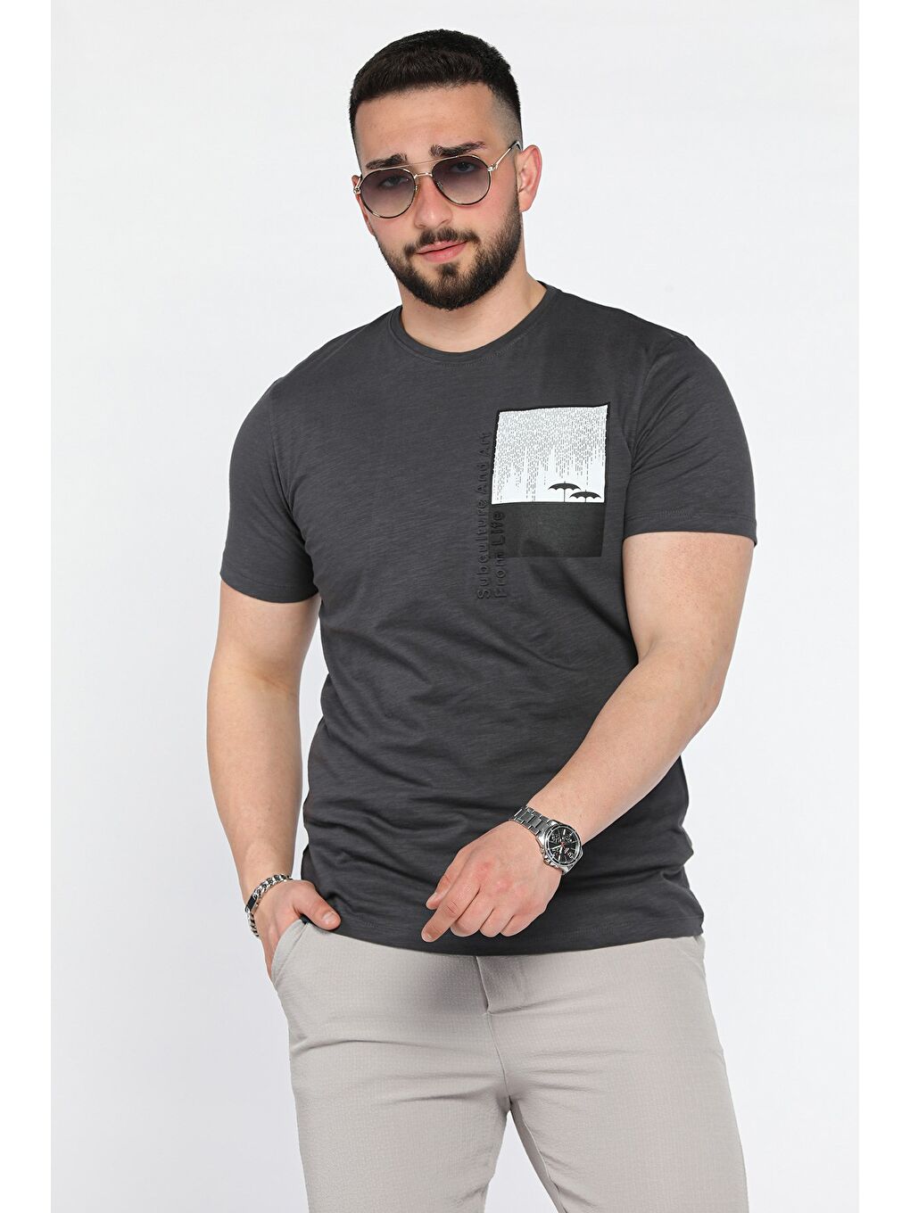Antrasit Baskılı Bisiklet Yaka Erkek Tişört