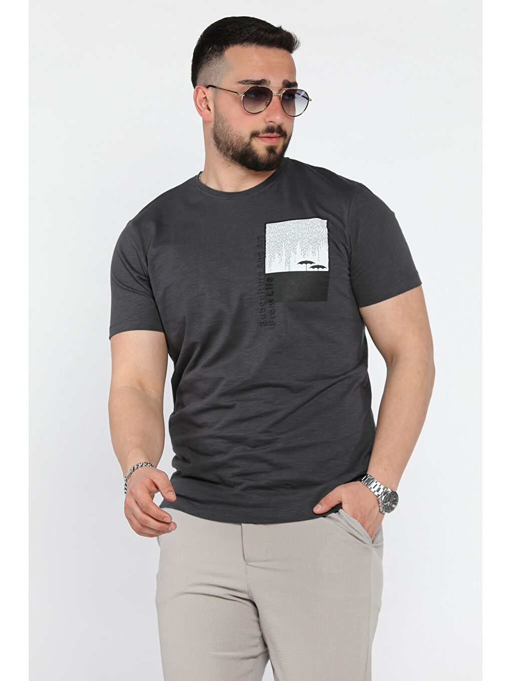 Antrasit Baskılı Bisiklet Yaka Erkek Tişört-1