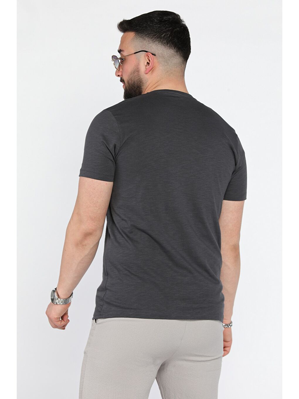 Antrasit Baskılı Bisiklet Yaka Erkek Tişört-2