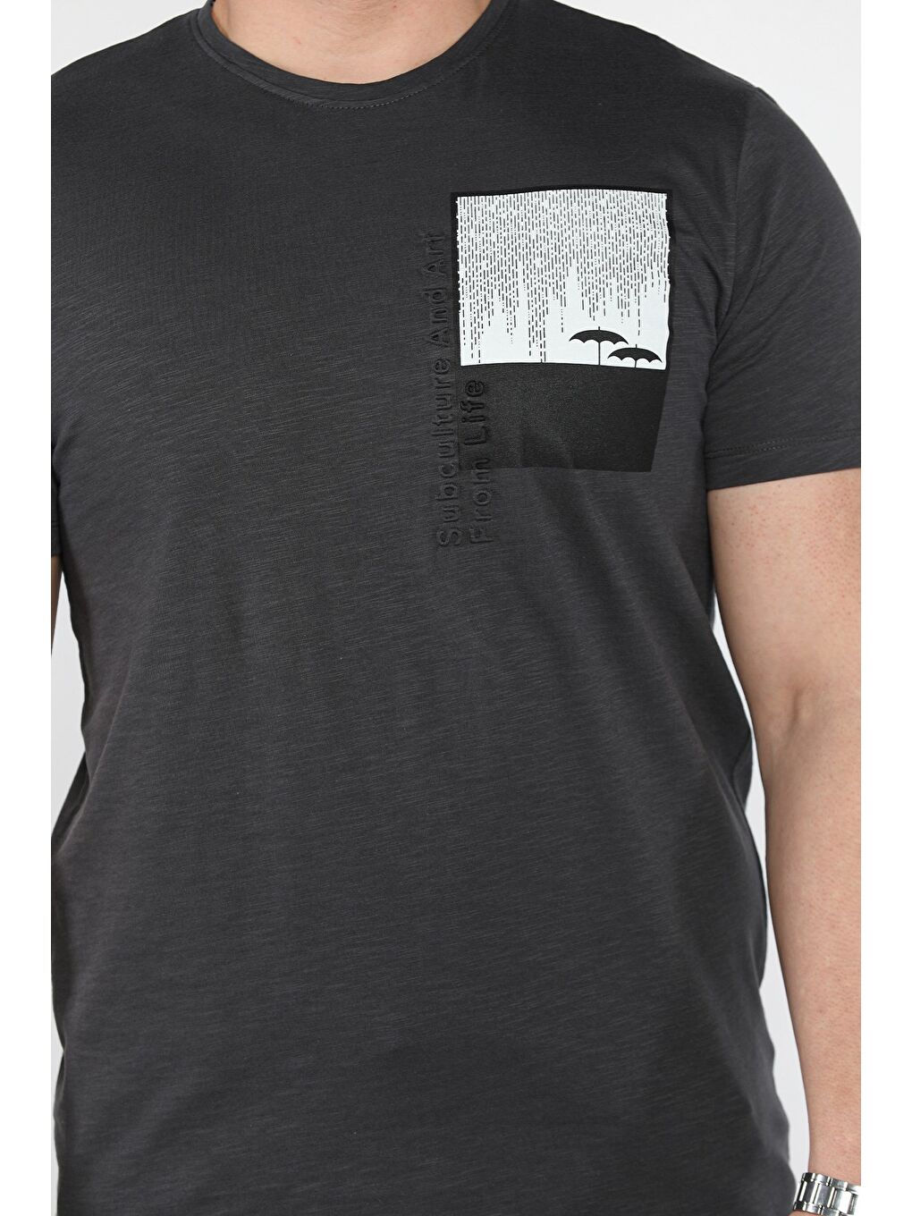 Antrasit Baskılı Bisiklet Yaka Erkek Tişört-3