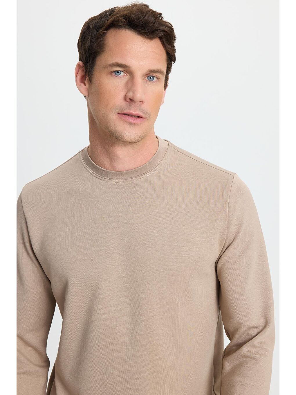 Bej Erkek Standart Fit Normal Kesim Uzun Kollu Ekstra Soft Modal Kumaş Bisiklet Yaka Vizon Sweatshirt-1