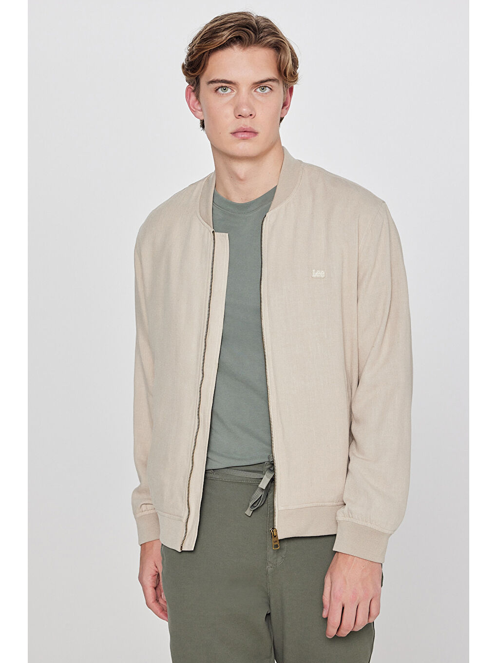 Bej Keten Regular Fit Normal Kesim Cepli Bomber Ceket-1