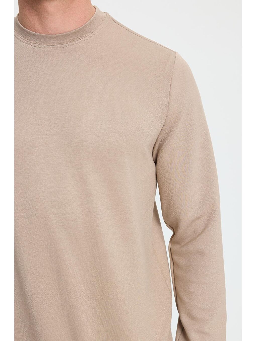 Bej Erkek Standart Fit Normal Kesim Uzun Kollu Ekstra Soft Modal Kumaş Bisiklet Yaka Vizon Sweatshirt-2