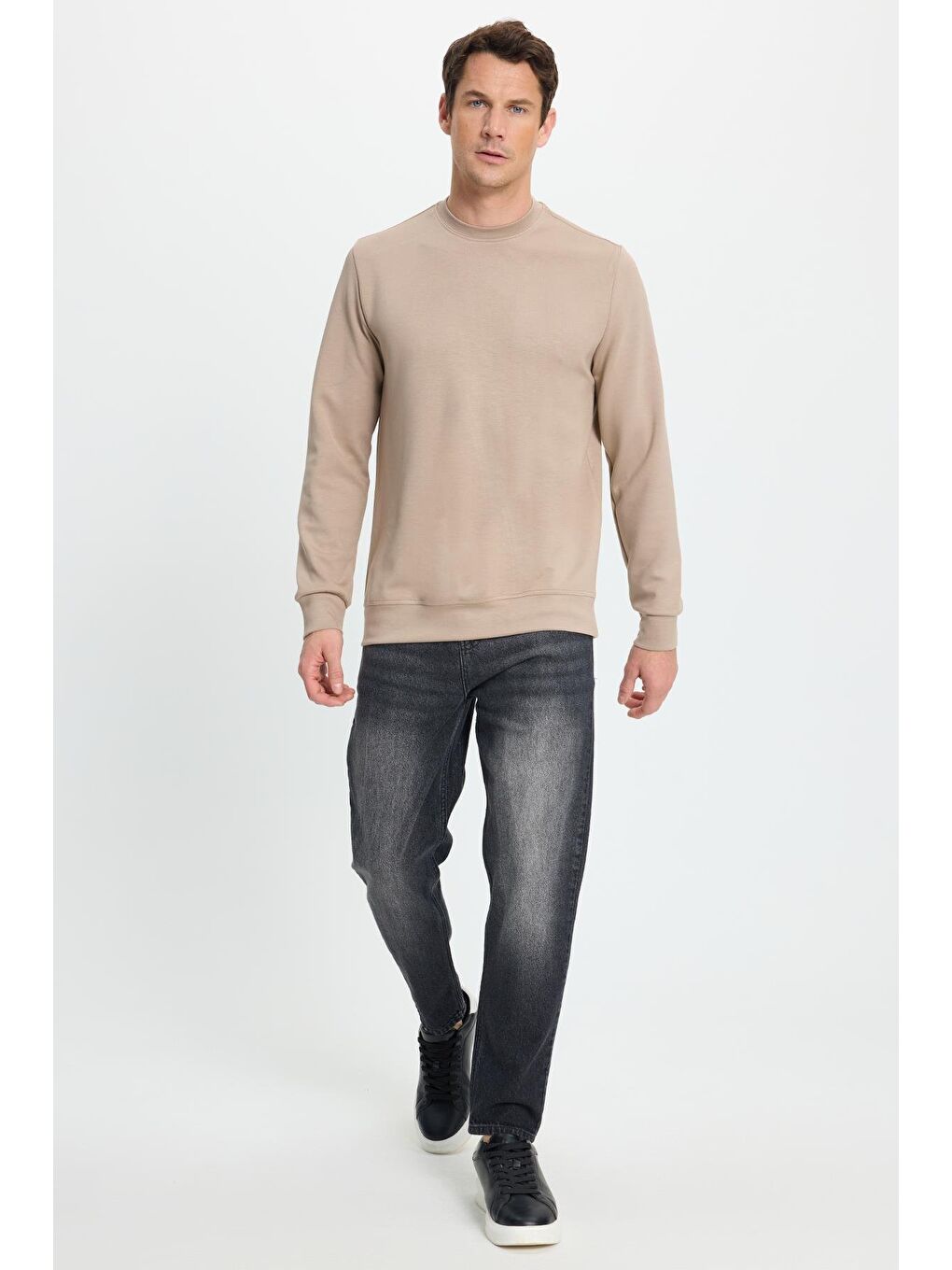 Bej Erkek Standart Fit Normal Kesim Uzun Kollu Ekstra Soft Modal Kumaş Bisiklet Yaka Vizon Sweatshirt-3