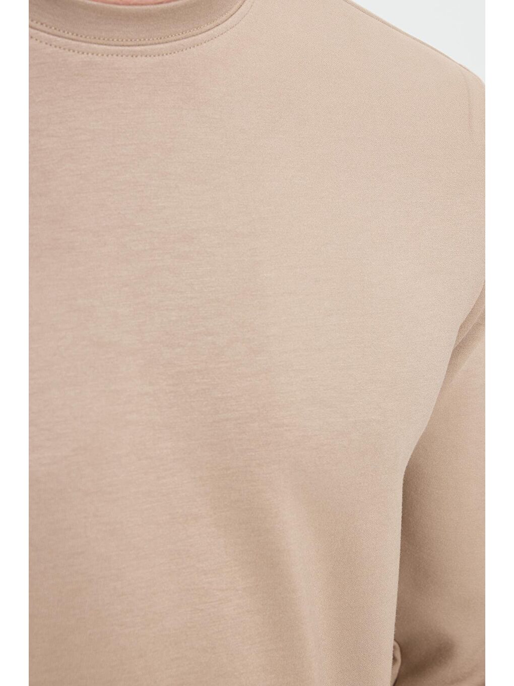 Bej Erkek Standart Fit Normal Kesim Uzun Kollu Ekstra Soft Modal Kumaş Bisiklet Yaka Vizon Sweatshirt-5