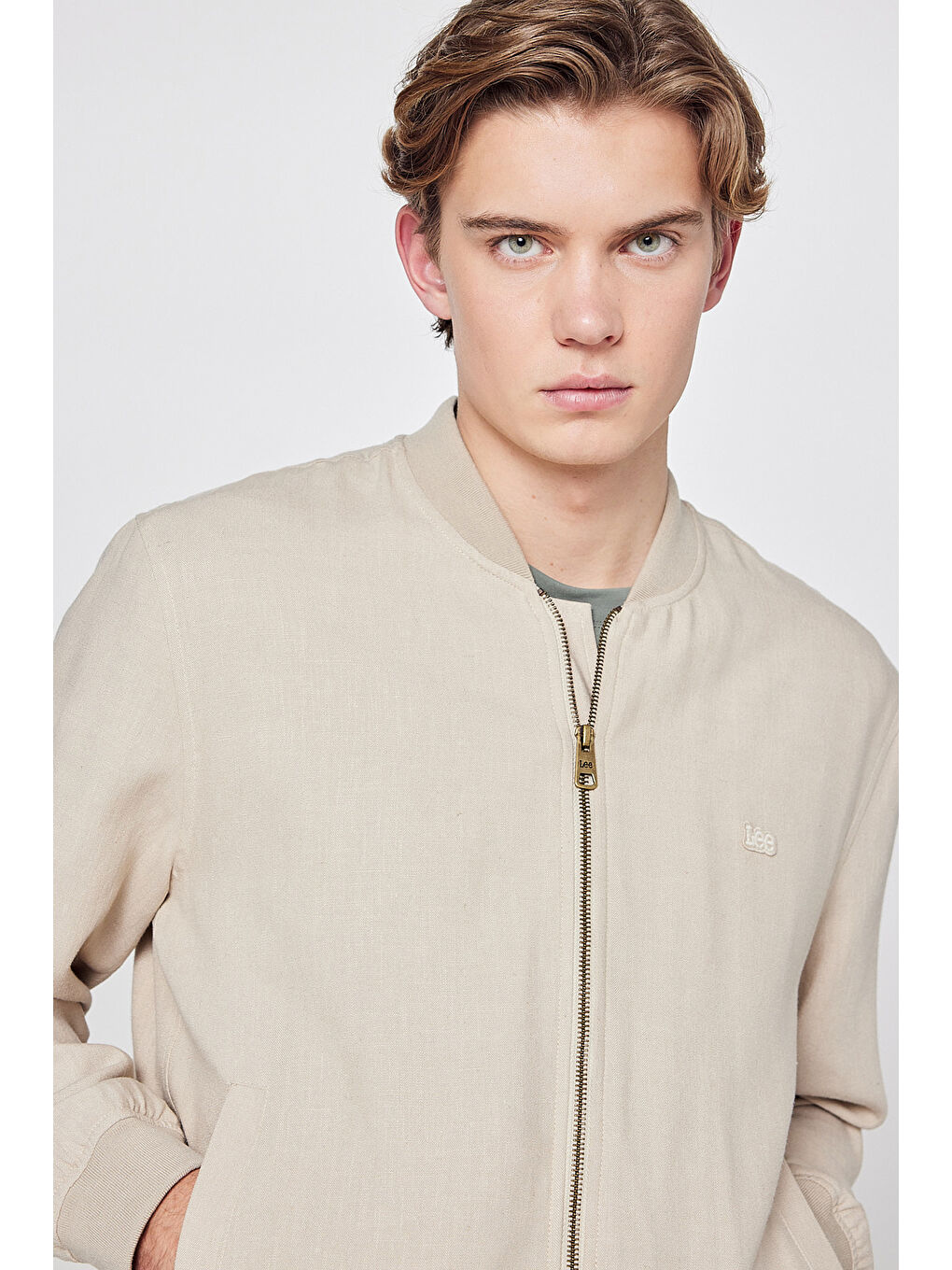 Bej Keten Regular Fit Normal Kesim Cepli Bomber Ceket-3