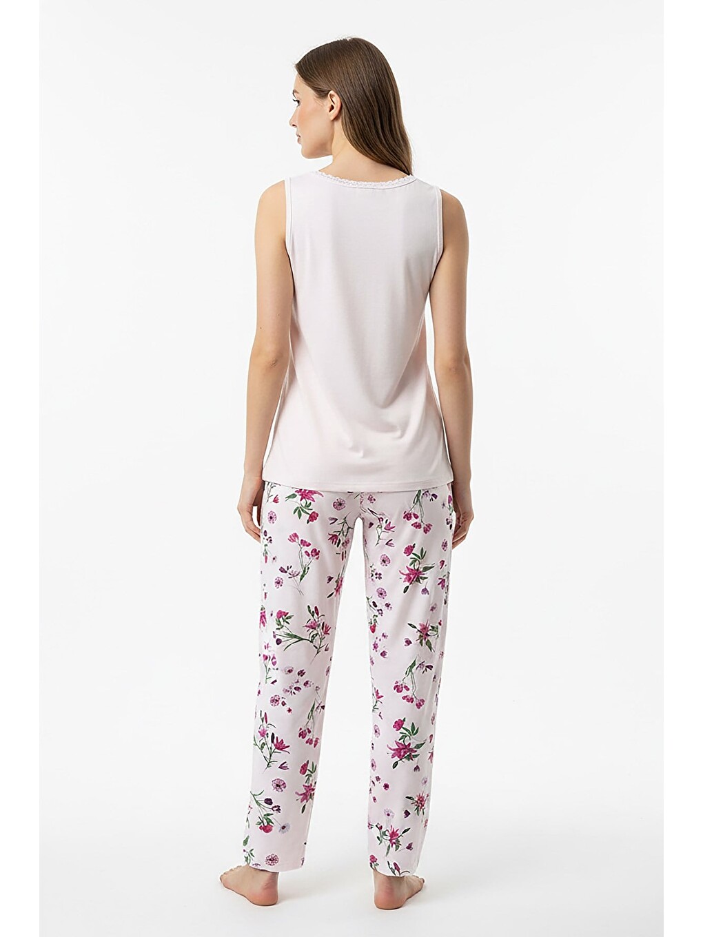 Pembe Kadın % 100 Ring Viskon V Yaka Altı Desenli Kalın Askılı Pijama Takımı | Somon 40108-4768-3