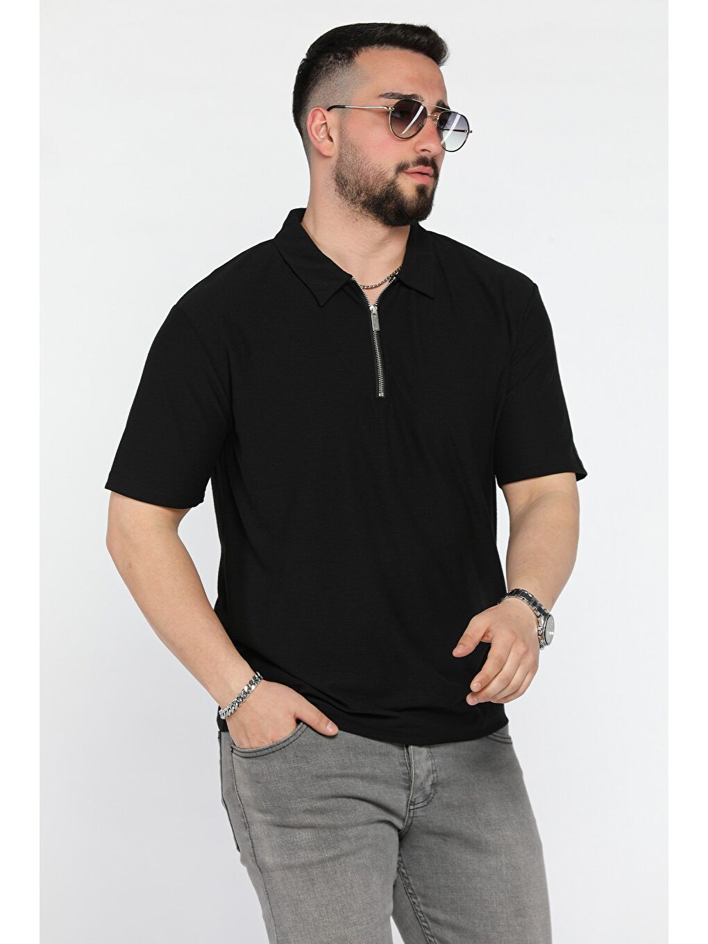 Siyah Erkek Polo Yaka Yarım Fermuarlı Tişört