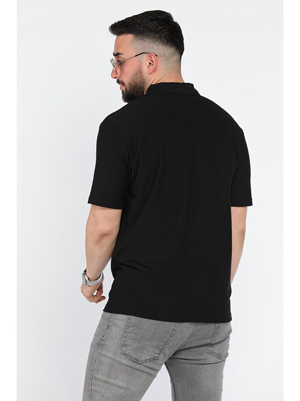Siyah Erkek Polo Yaka Yarım Fermuarlı Tişört-2