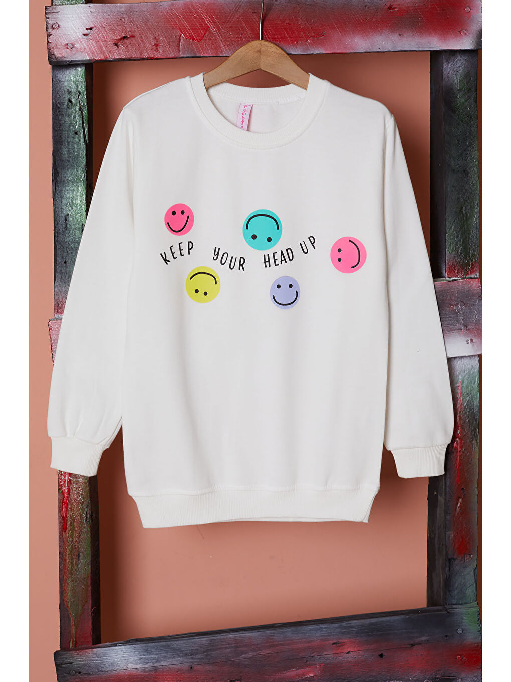 Pembe Life Kids Club Ekru Gülen Yüz Baskılı Kız Çocuk Bisiklet Yaka Sweatshirt 17286 - 1