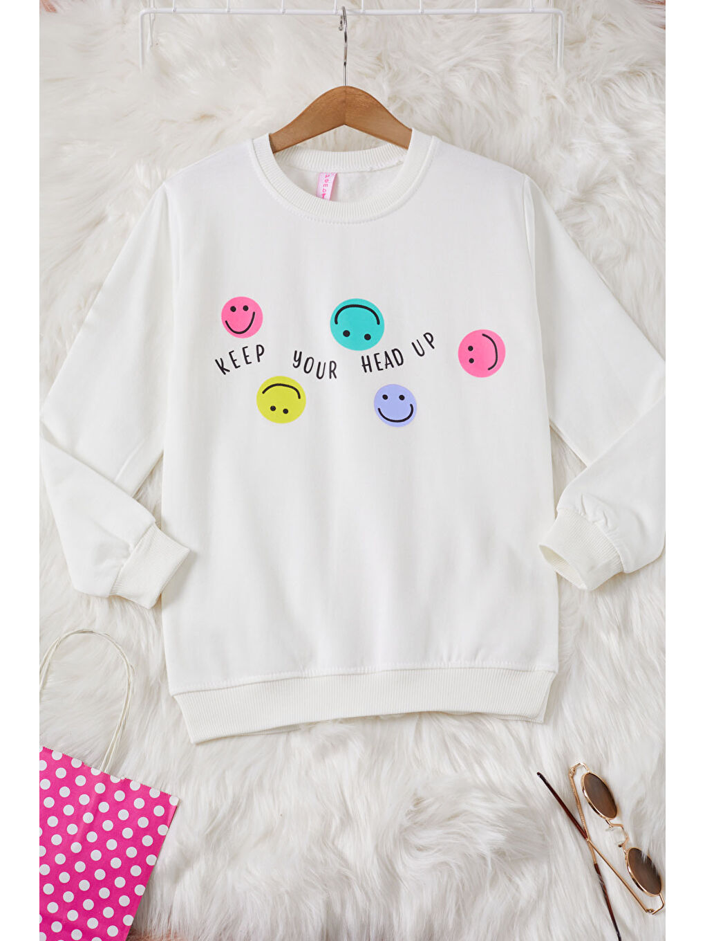 Pembe Life Kids Club Ekru Gülen Yüz Baskılı Kız Çocuk Bisiklet Yaka Sweatshirt 17286 - 2