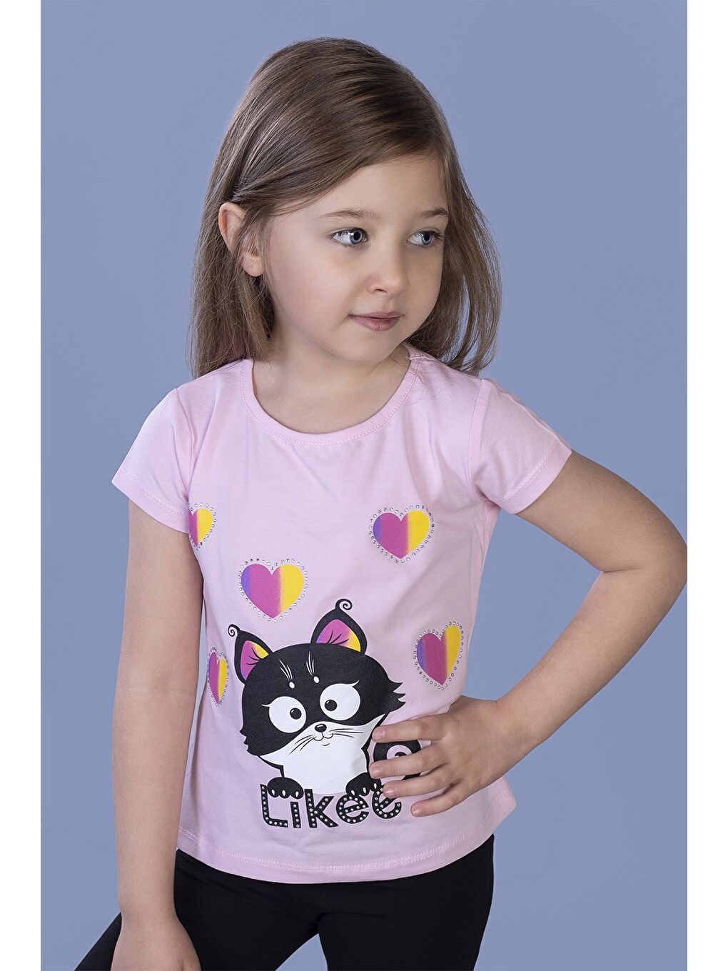 Pembe Kız Çocuk Likee Kedi Baskılı Tişört