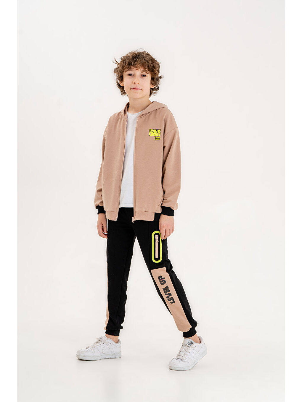 Mışıl Kids Bej Baskılı Kapüşonlu Erkek Çocuk Sweatshirt Alt   Üst Eşofman Takımı