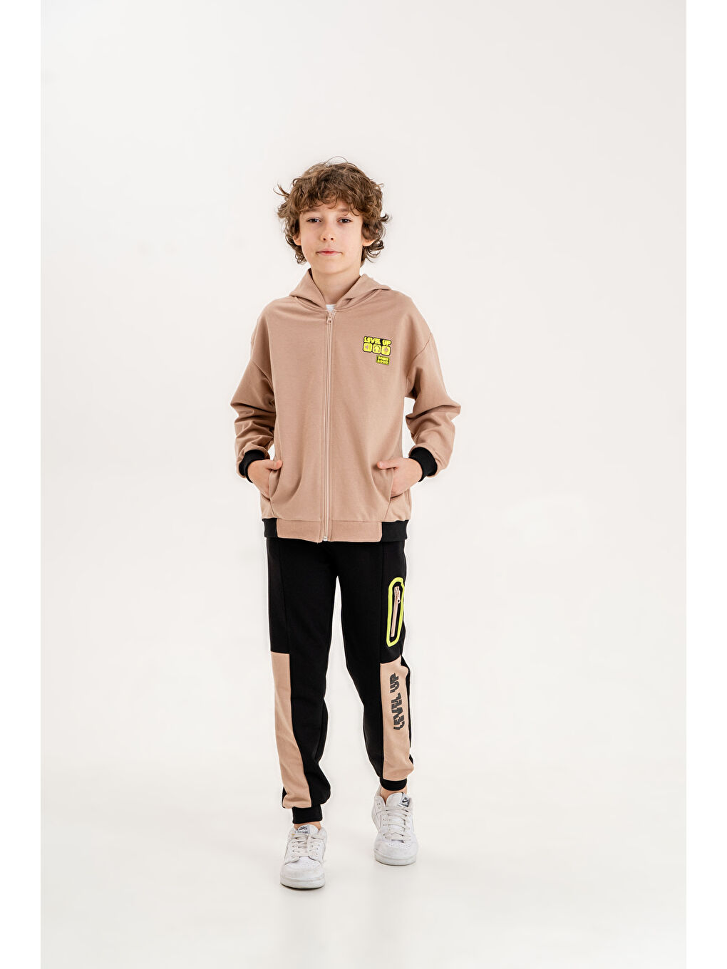 Mışıl Kids Bej Baskılı Kapüşonlu Erkek Çocuk Sweatshirt Alt   Üst Eşofman Takımı - 1