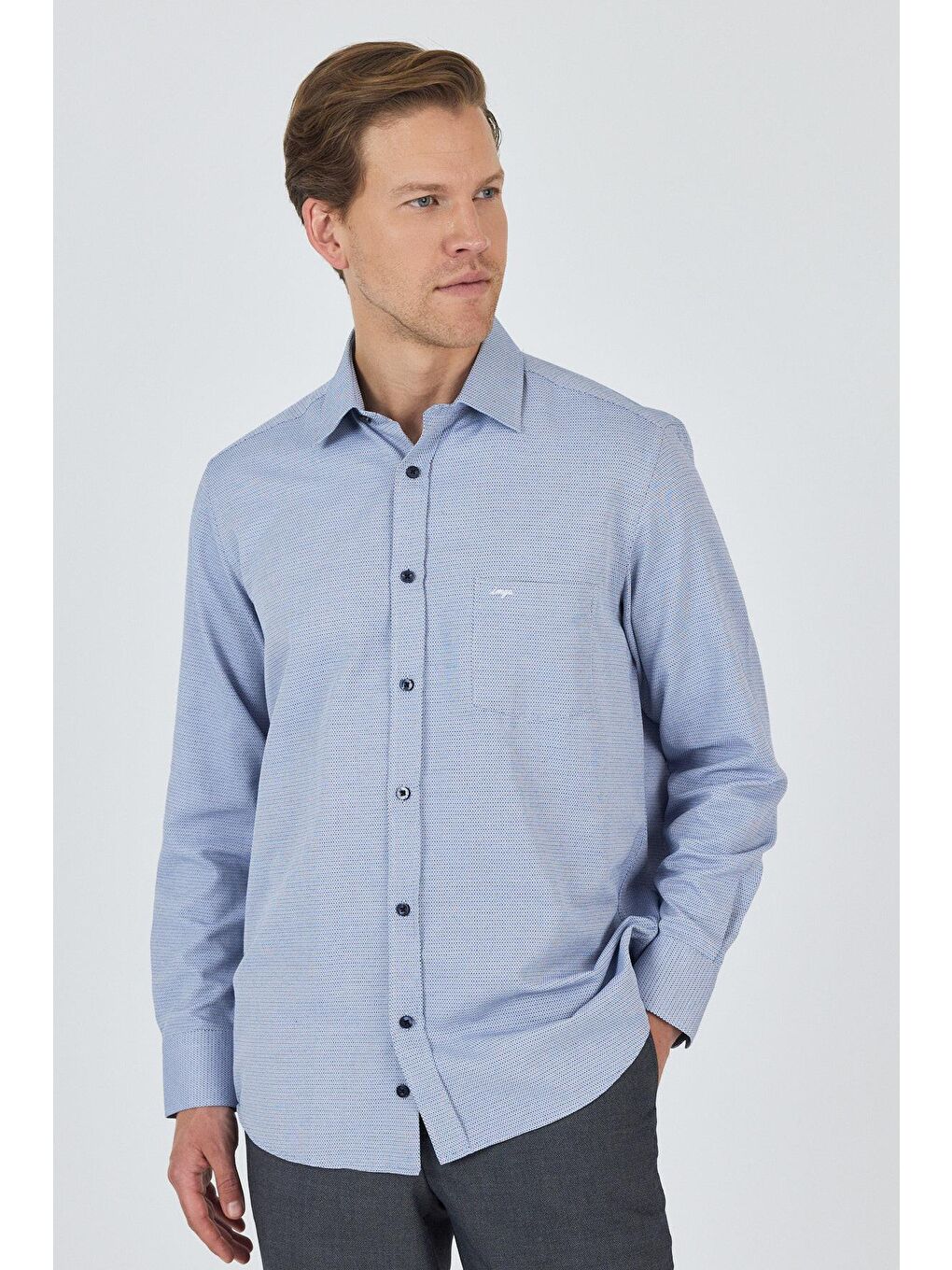 Koyu Lacivert Sert Yaka Kendinden Desenli Classic Pamuklu Comfort Fit Gömlek 1004250219-1