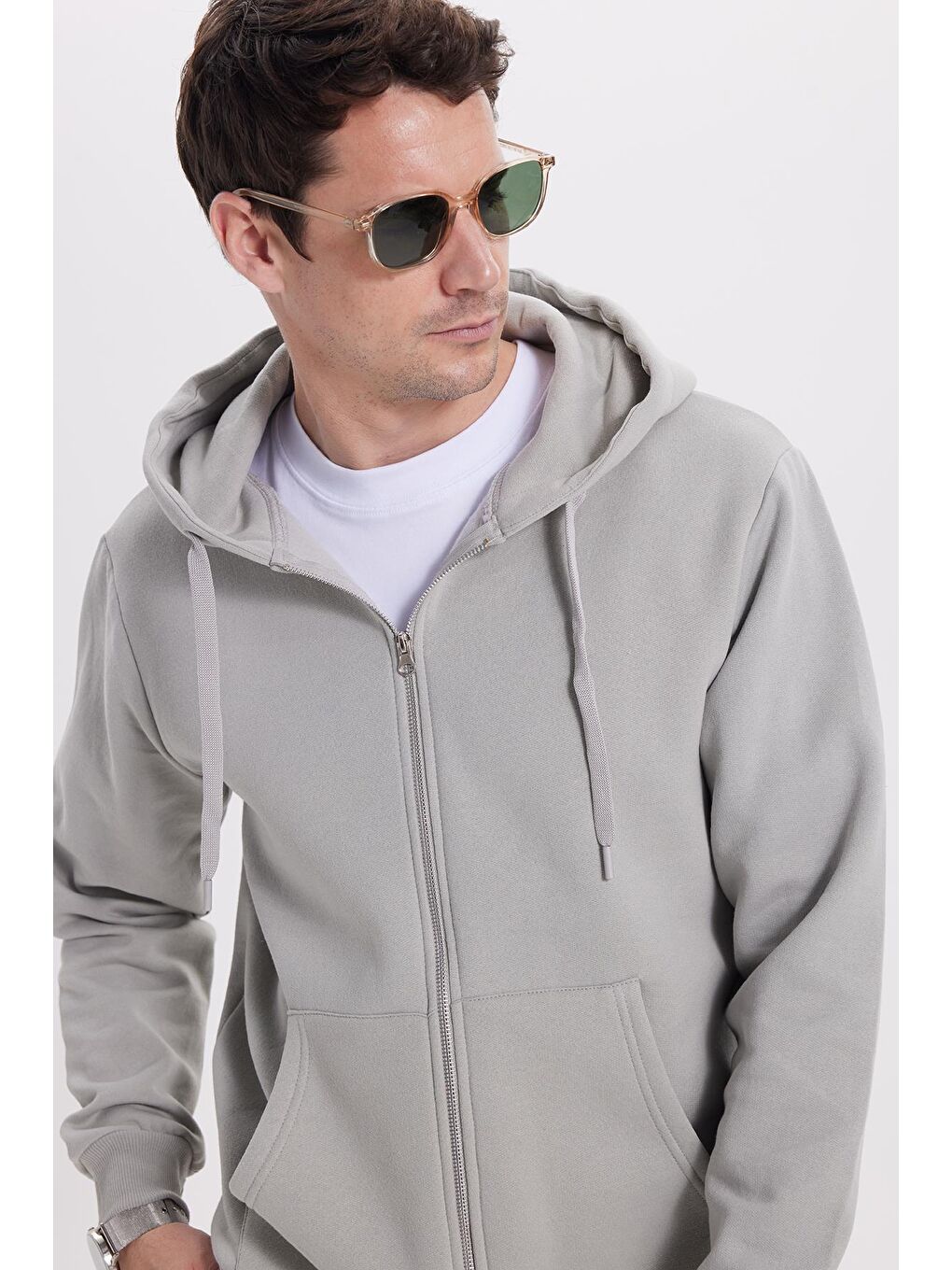 Bej Unisex Relax Fit Rahat Kesim Pamuklu İçi Polarlı Çift Cepli Tam Fermuarlı Taş Kapüşonlu Sweatshirt