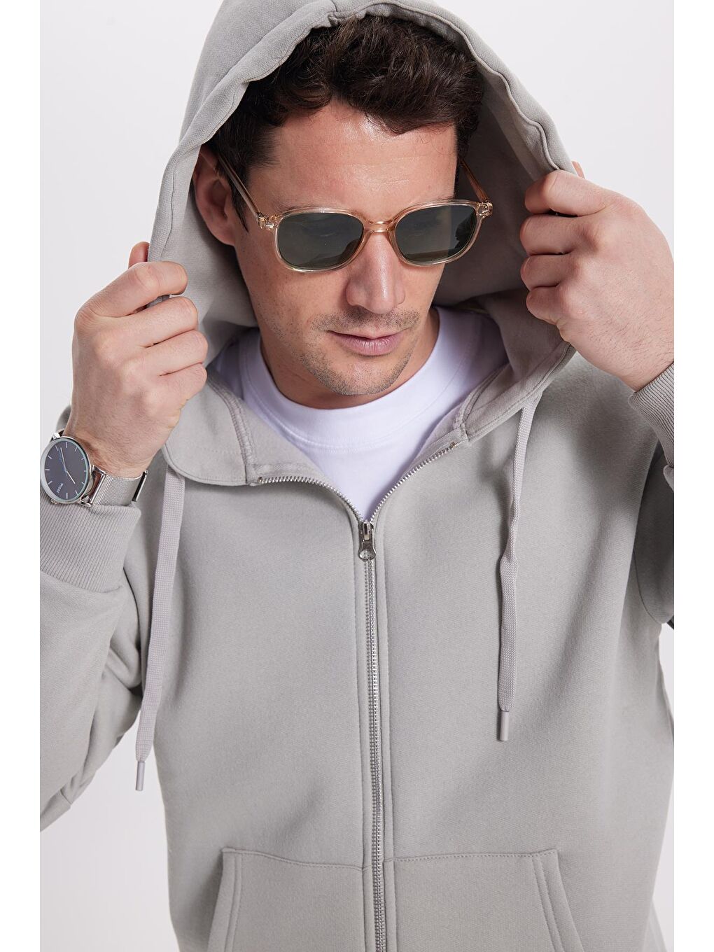 Bej Unisex Relax Fit Rahat Kesim Pamuklu İçi Polarlı Çift Cepli Tam Fermuarlı Taş Kapüşonlu Sweatshirt-1