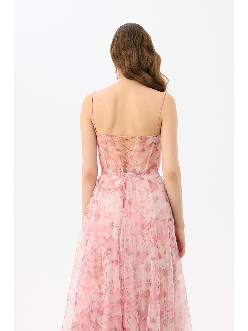 Pembe Pudra Straplez Empirme Desenli Abiye Elbise-4