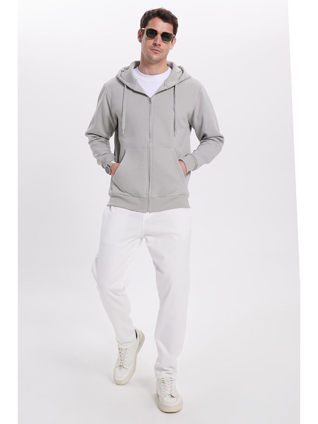 Bej Unisex Relax Fit Rahat Kesim Pamuklu İçi Polarlı Çift Cepli Tam Fermuarlı Taş Kapüşonlu Sweatshirt-3