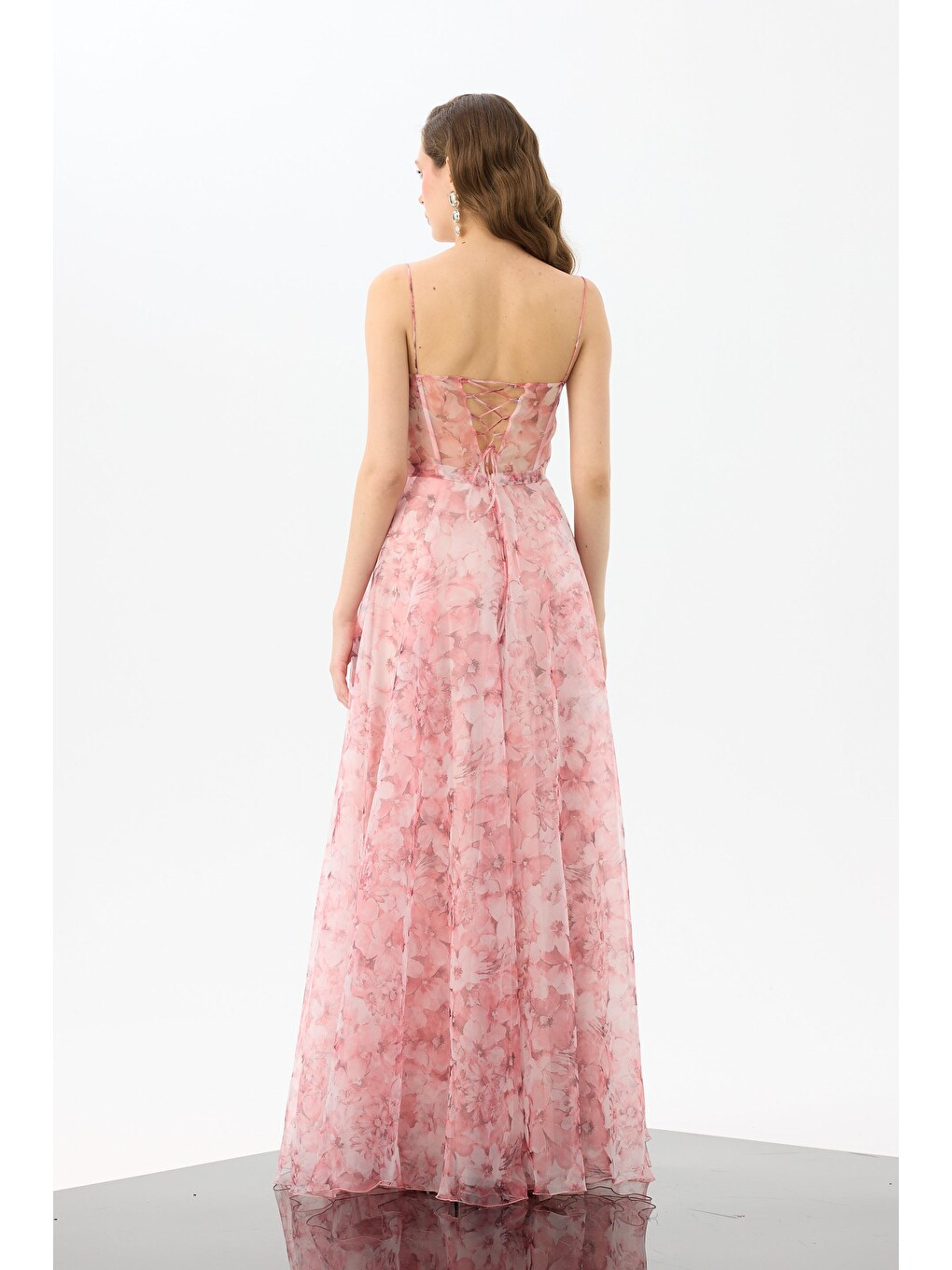 Pembe Pudra Straplez Empirme Desenli Abiye Elbise-5