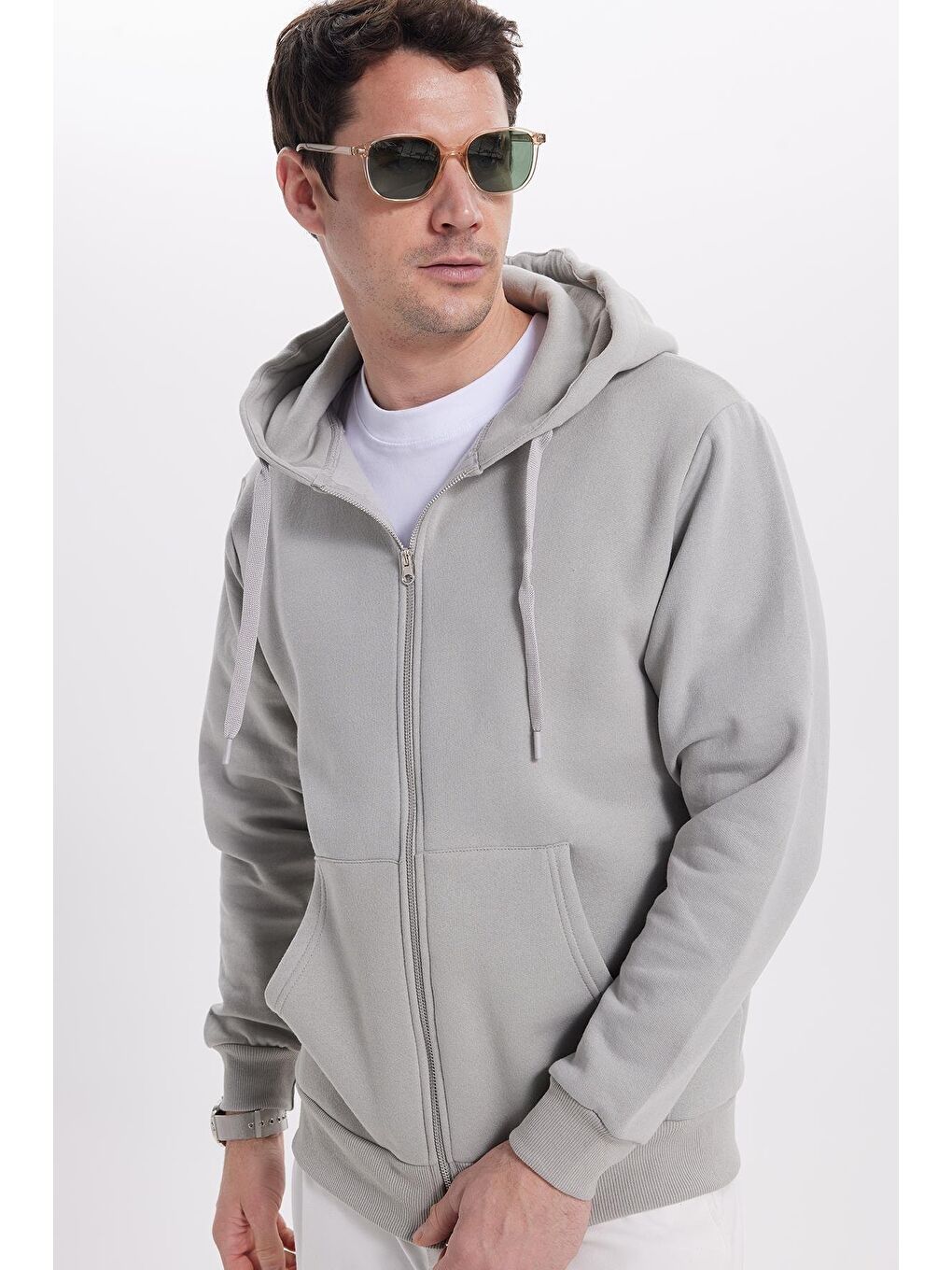 Bej Unisex Relax Fit Rahat Kesim Pamuklu İçi Polarlı Çift Cepli Tam Fermuarlı Taş Kapüşonlu Sweatshirt-4