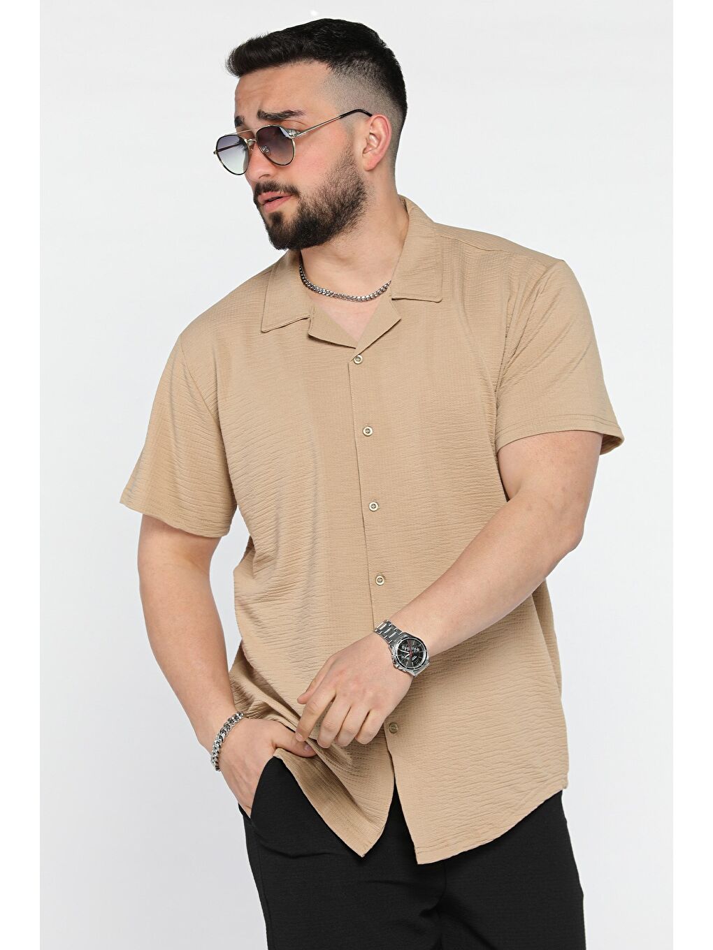 Bej Kendinden Desenli Erkek Kısa Kol Gömlek-1