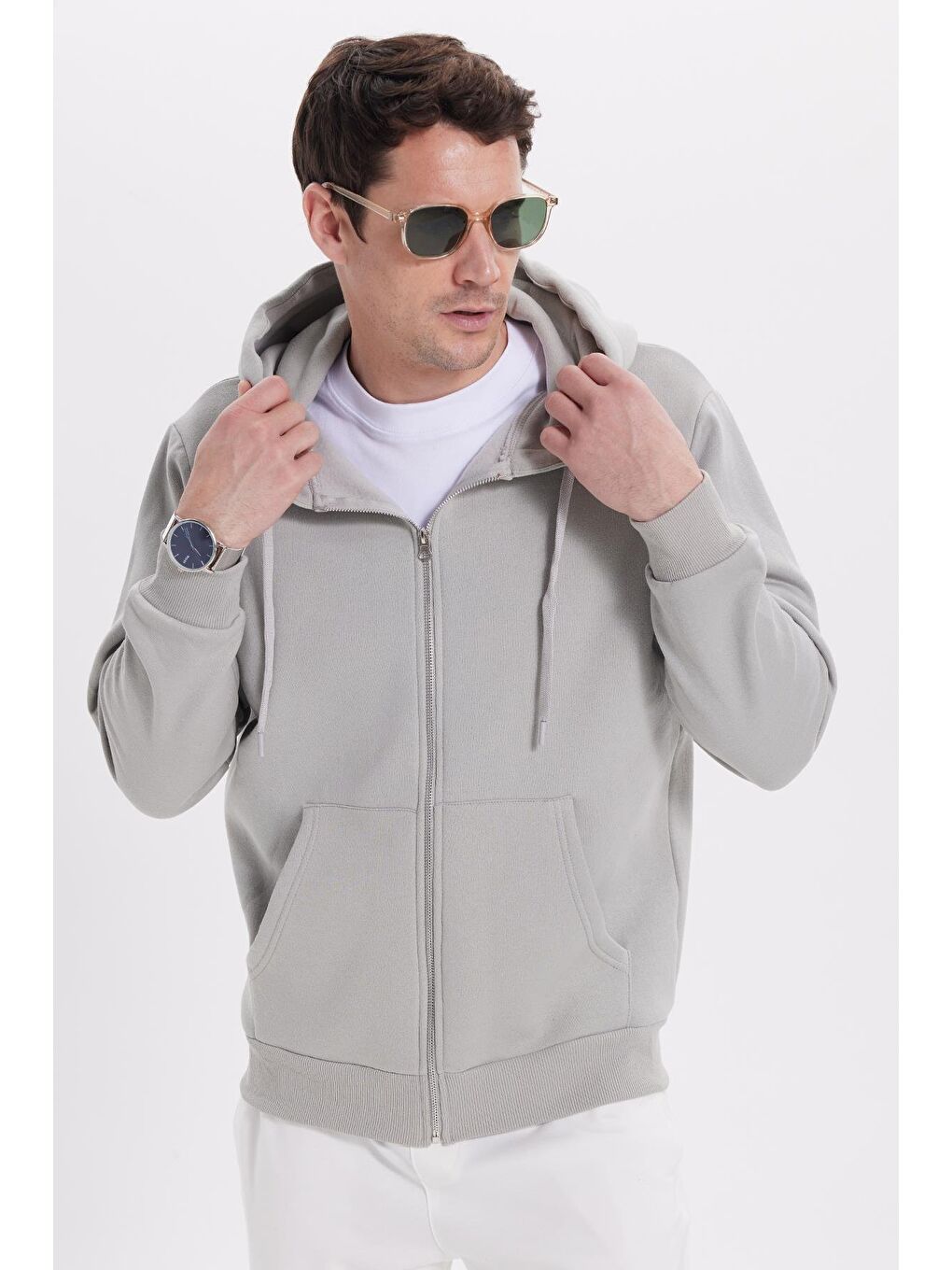 Bej Unisex Relax Fit Rahat Kesim Pamuklu İçi Polarlı Çift Cepli Tam Fermuarlı Taş Kapüşonlu Sweatshirt-5