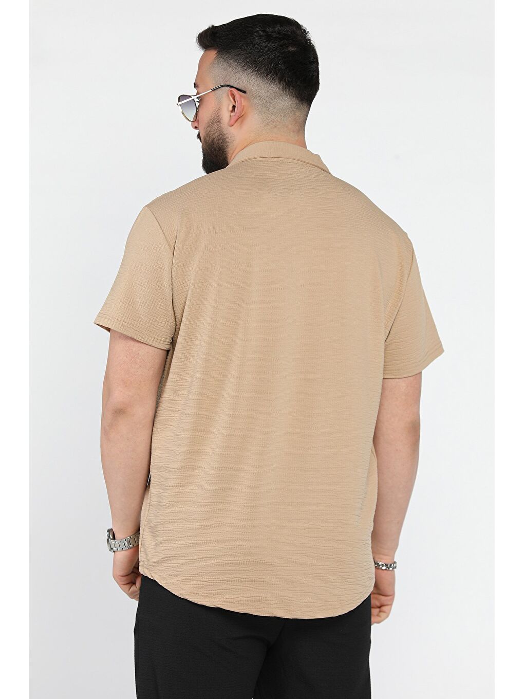 Bej Kendinden Desenli Erkek Kısa Kol Gömlek-2