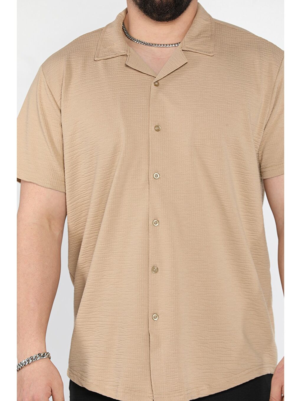 Bej Kendinden Desenli Erkek Kısa Kol Gömlek-3