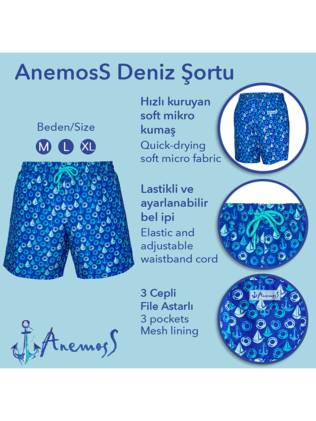 Karışık Yelken Üç Cepli İçi Fileli Bel Lastik ve Bağlama İpli Erkek Deniz Şortu-6