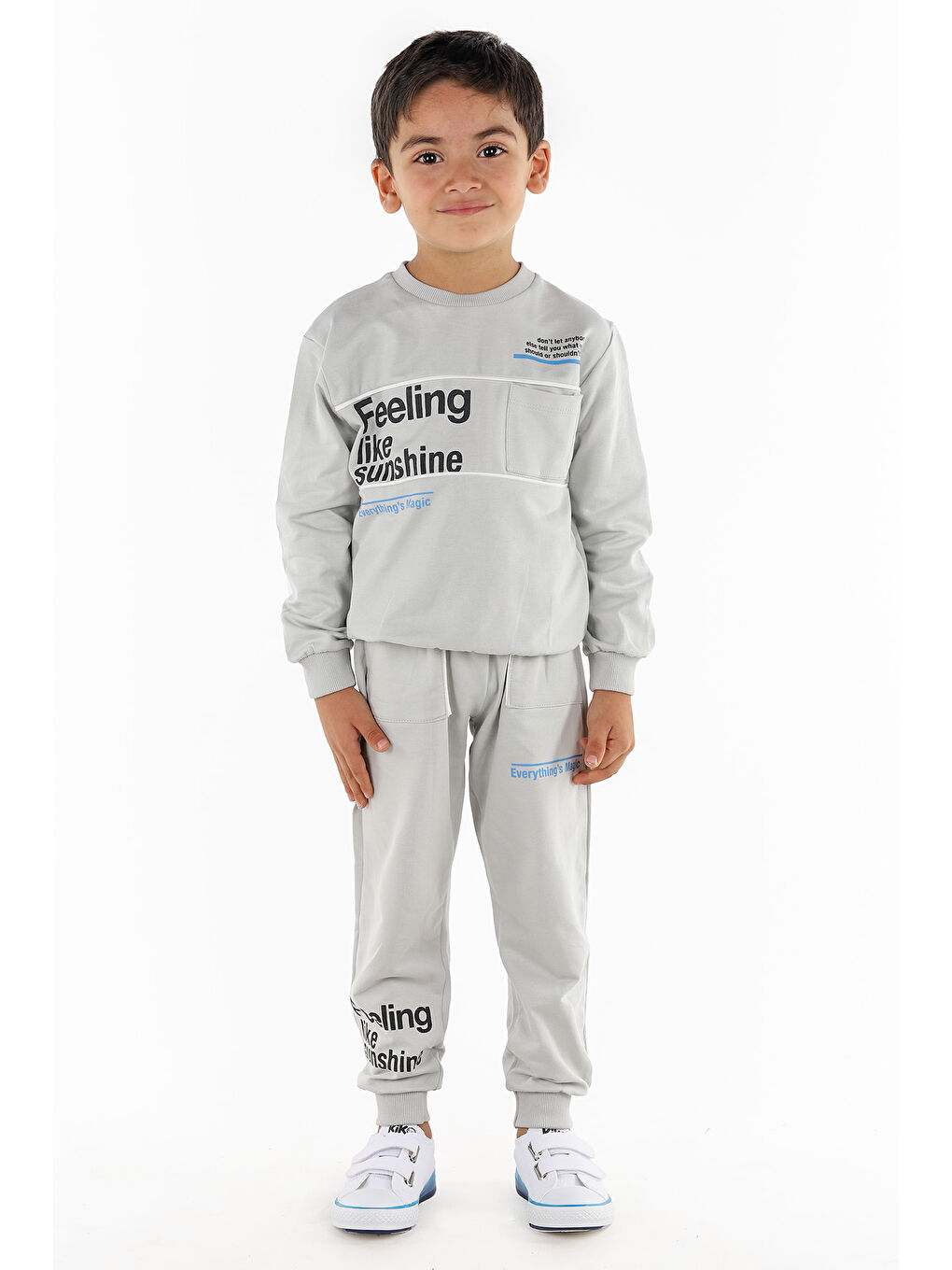 Gri Yazı Baskılı Erkek Çocuk Sweatshirt Eşofman 2'Li Takım
