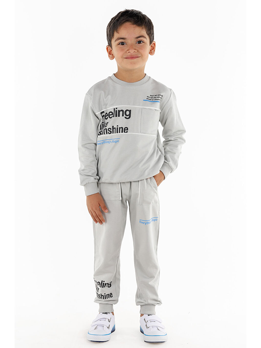 Gri Yazı Baskılı Erkek Çocuk Sweatshirt Eşofman 2'Li Takım-1