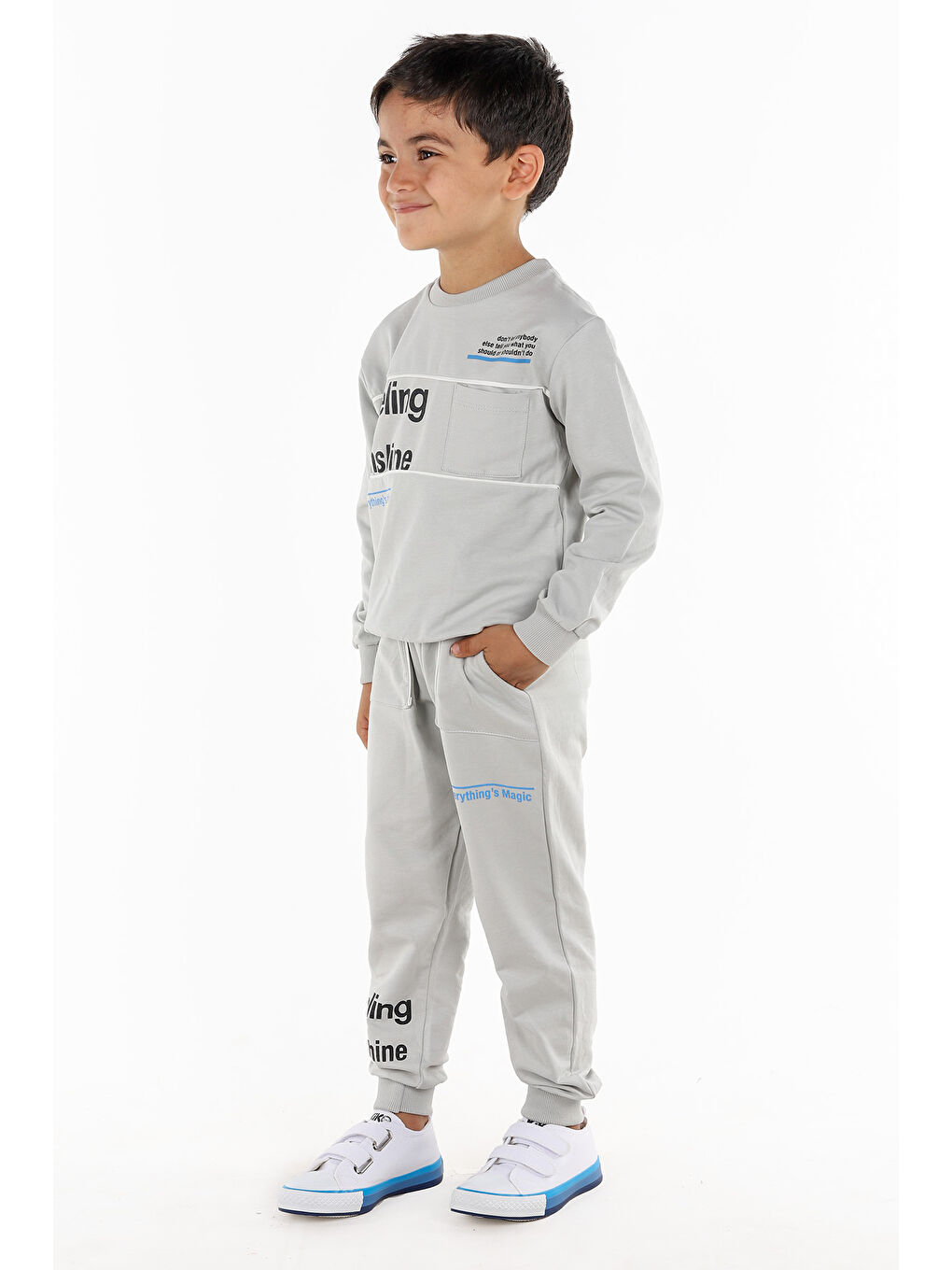 Gri Yazı Baskılı Erkek Çocuk Sweatshirt Eşofman 2'Li Takım-2