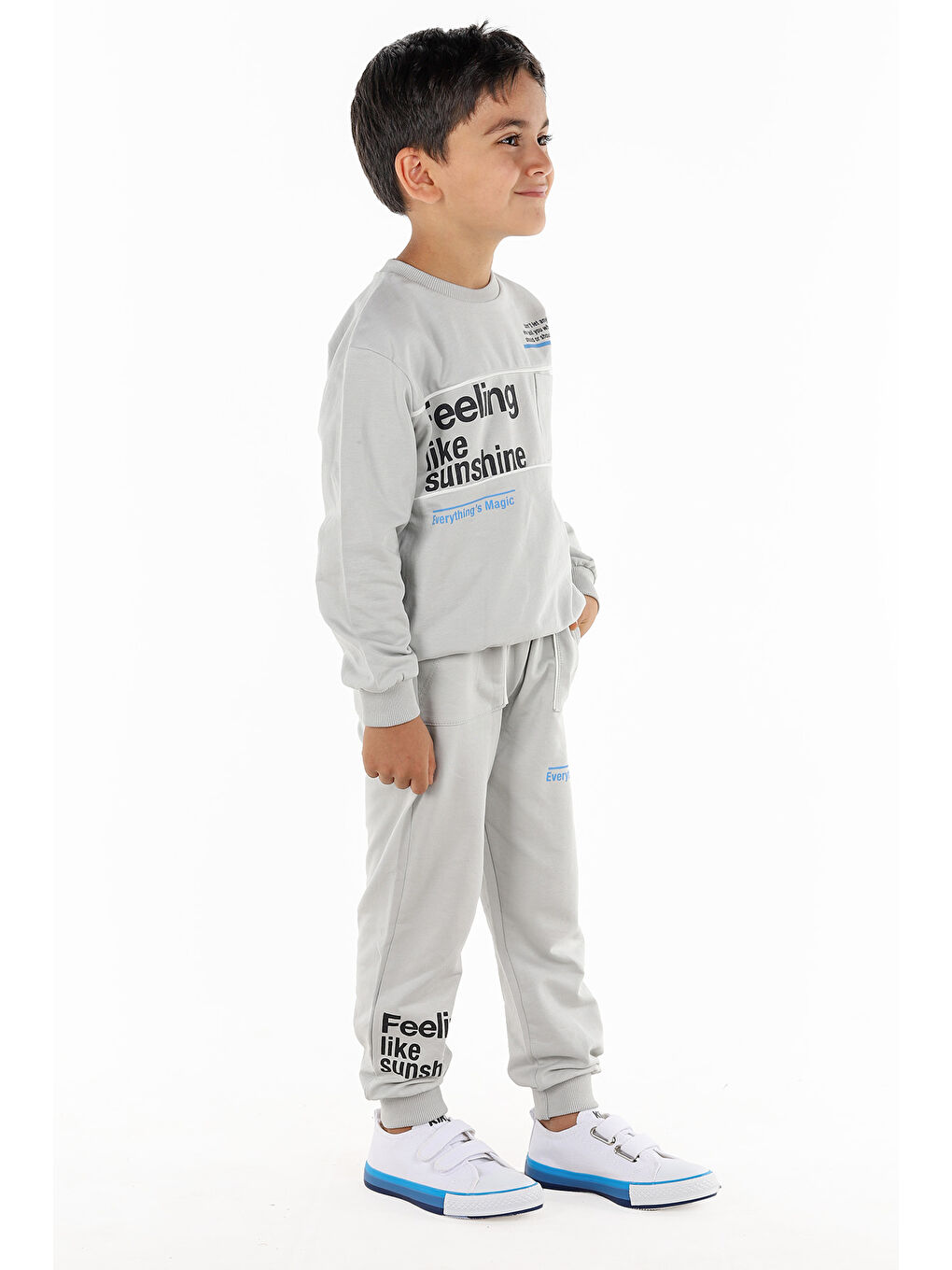 Gri Yazı Baskılı Erkek Çocuk Sweatshirt Eşofman 2'Li Takım-3