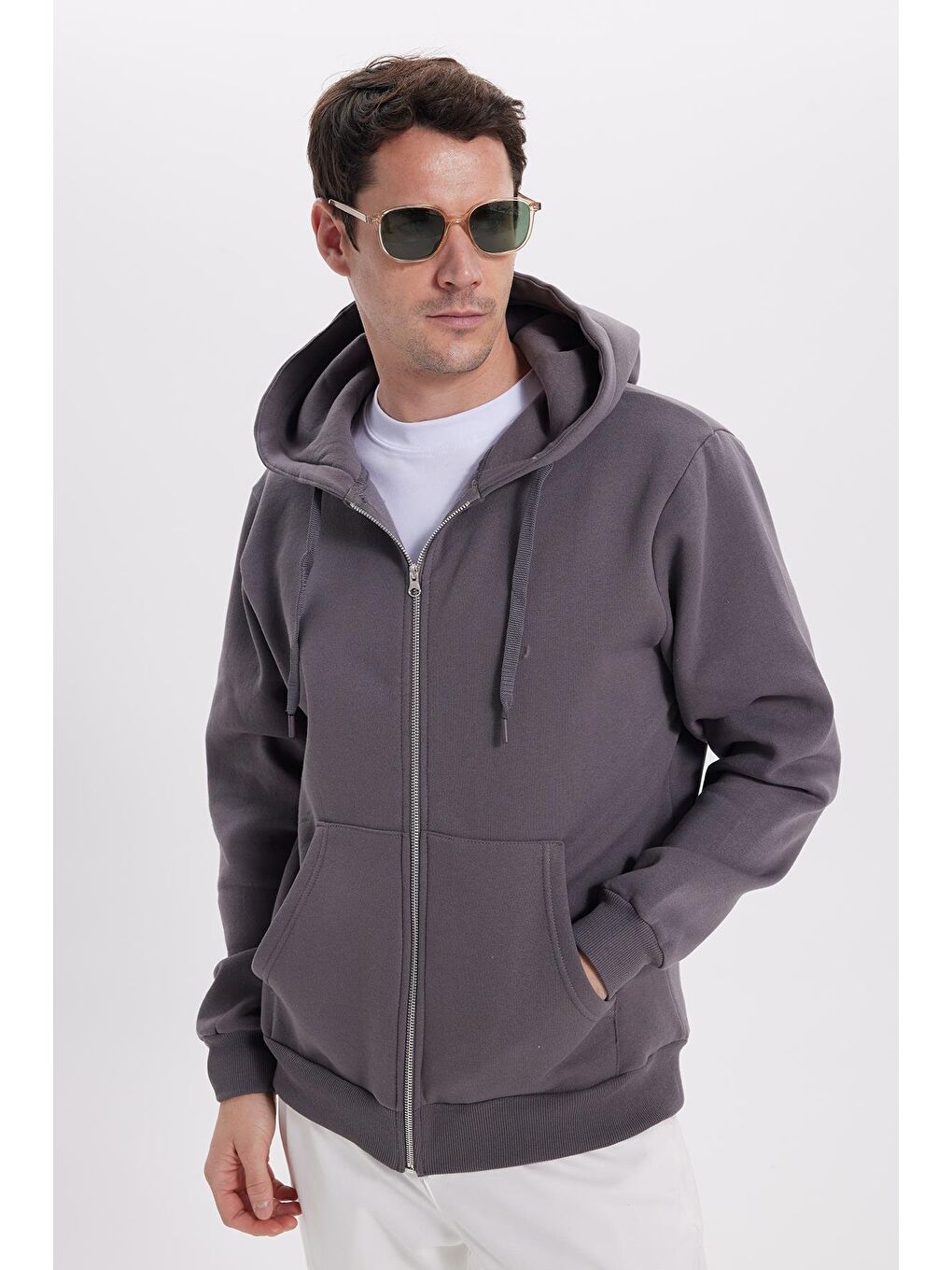 Unisex Relax Fit Rahat Kesim Pamuklu İçi Polarlı Çift Cepli Tam Fermuarlı Gri Kapüşonlu Sweatshirt-1